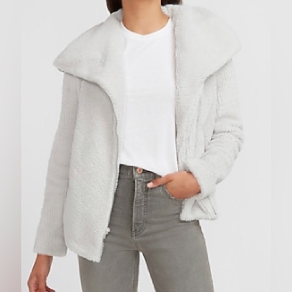 NWOT Asymmetrical express gray teddy faux fur jacket/coat